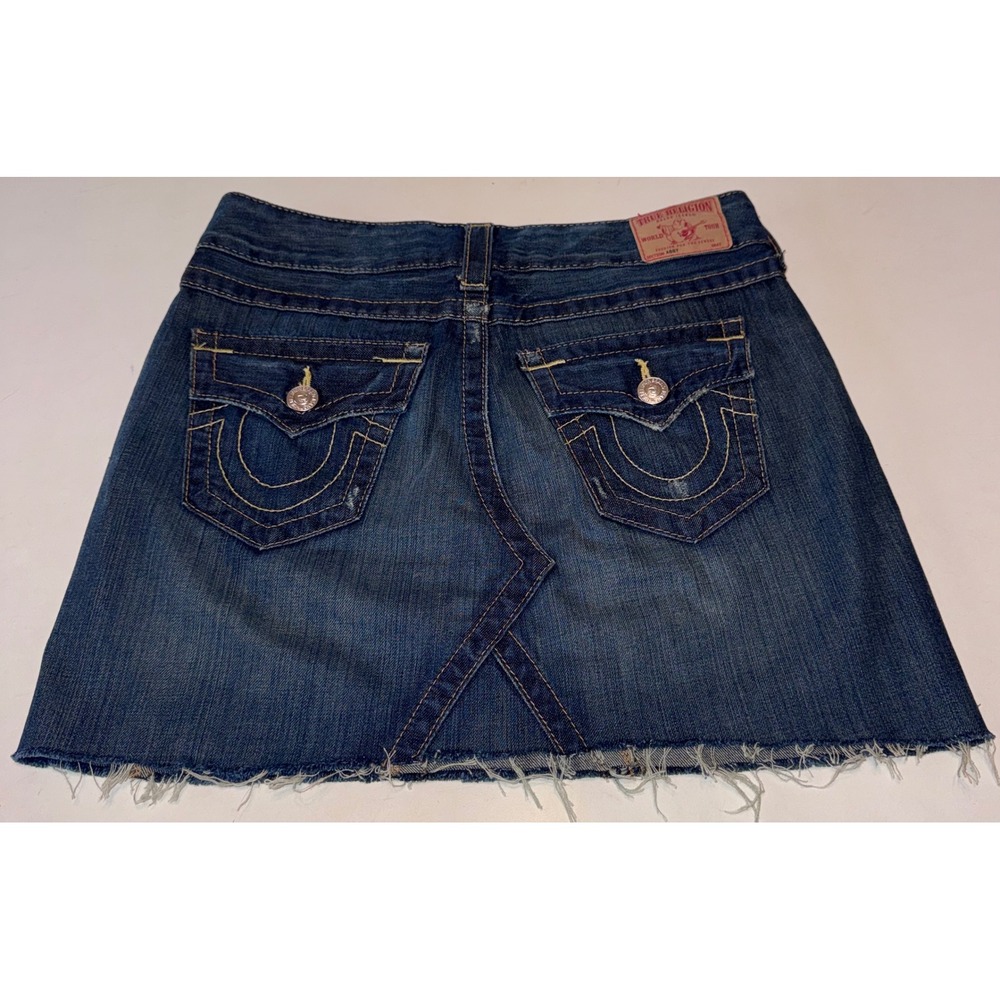 True Religion Abby Denim Mini Skirt Dark Wash Frayed Hem Size 26 Y2K Made in USA